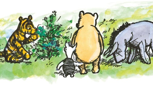 A colour illustration from Winnie the Pooh showing Pooh bear, Eeyore, Piglet and Tiger